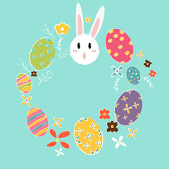 Easter banner background template with beautiful colorful spring flowers and eggs. Vector illustration.