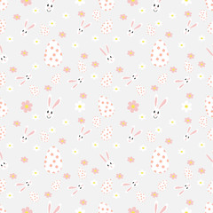 Easter seamless pattern with flowers,rabbit and holiday eggs.Perfect for wallpaper, gift paper, pattern fills, web page background, spring and Easter greeting cards.