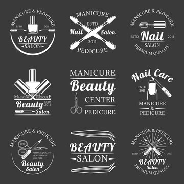 Set of manicure and pedicure, beauty salon, nail care salon monochrome vector labels, emblems and logos isolated on white background