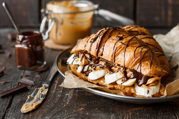 Croissant with banana, peanut butter and chocolate