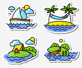 Summer activity icons set in simply thin style with fishing, yachting, relaxing and camping people