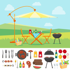 Summer Picnic in Nature Flat. Vector