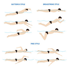 Swimming Breaststroke, Butterfly and Free Style. Vector - obrazy, fototapety, plakaty