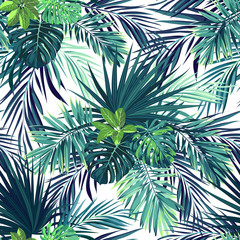 Fototapety  Bezszwowe ręcznie rysowane botaniczny egzotyczny wektor wzór z zielonych liści palmowych na ciemnym tle.