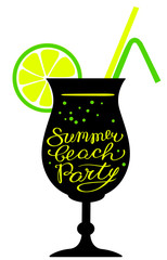 Summer beach party calligraphic lettering. Cocktail glass silhouette
