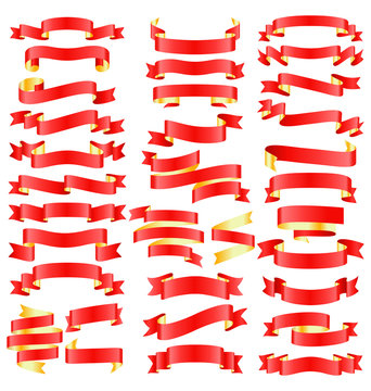 Set of Red Golden Celebration Curved Ribbons Variations Isolated