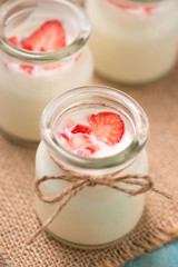 Strawberry Yoghurt. Healthy food with Strawberries and yoghurt breakfast on table.