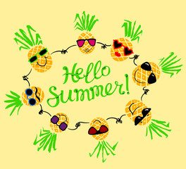 Summer background with pineapples. Hello Summer lettering with cute human like pineapple characters