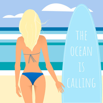 Surfer girl back. Blonde hair, tanned body, blue bikini. The beach in geometric style.