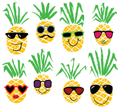 Set of pineapples like humans. Smiling pineapple vector characters