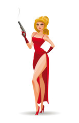 Super agent. Secret agent. Elegant woman spy in the evening red dress with gun. Vector illustration