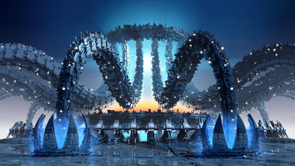 3D Illustration of organic architecture with a futuristic structure mimicking octopus tentacles and waterlilies, for fantasy or science fiction backgrounds.