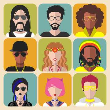 Vector set of different subcultures man and woman app icons in trendy flat style. Goth, raper, hippy, hipster,raver etc.
