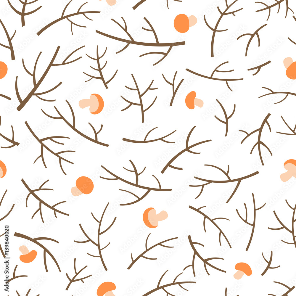 Poster seamless pattern with tree branch and mushrooms over white background.