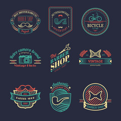 Vector set of vintage hipster logos. Retro icons collection of bicycle, moustache, camera etc.