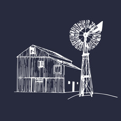 Vector illustration of traditional farm barn with windmill in sketched style. Organic bio products poster. Eco food sign