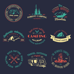 Vector set of vintage camping logos. Retro signs collection of outdoor adventures. Tourist sketches for emblems, badges.