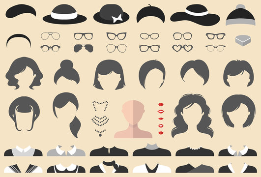 Big vector set of dress up constructor with different woman haircuts, glasses, lips, wear etc. Female faces icon creator