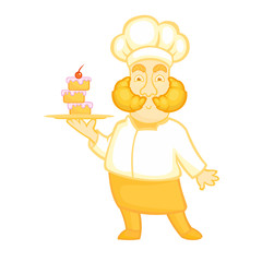 Cute cartoon chef holding the dish with cake. Cute cartoon chef with croissant mustache. 