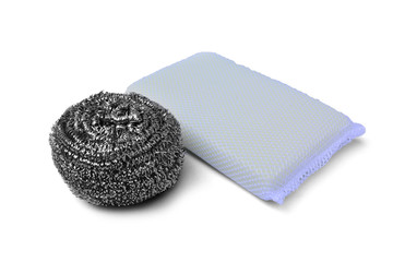 Steel wire wool scrub and scrub pad isolated on white background