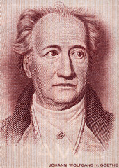 Johann Wolfgang von Goethe (1749-1832) face portrait on Germany 20 mark (1964) banknote closeup,...