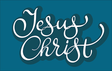 vector text Jesus Christ on blue background. Calligraphy lettering illustration EPS10