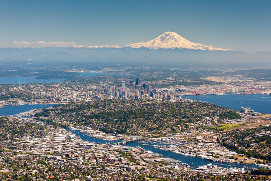Seattle and Mount Rainier as seen  from the air on a summer day