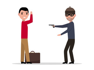 Vector cartoon robber with a gun robbing a man