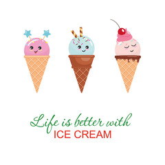 Kawaii ice cream cone characters. Cute cartoons isolated on white.