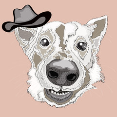 White dog in hat , vector illustration , on beige background