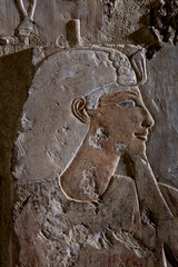 Portrait of Queen Hatshepsut inside the sanctuary. Temple of Hatshepsut. 27. march 2010. Luxor,...