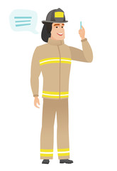 Young caucasian firefighter with speech bubble.