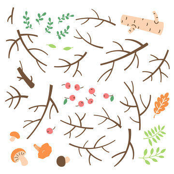 Set of branches, twigs, sticks drawn in a simple cartoon style