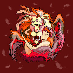 Lion with wings and girl , vector illustration , on burgundy background