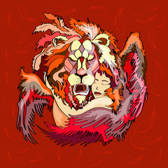 Lion with wings and girl, vector illustration , on red background
