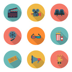 Set cinema color icons, design elements. Flat style.