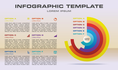 Modern infographics options template vector with colorful circle on light orange background with text on side. Can be used for web design, brochure, presentations and workflow layout