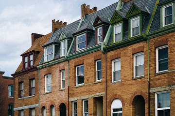 Architectural details of row houses in the Station North Arts and Entertainment District, in Baltimore, Maryland.