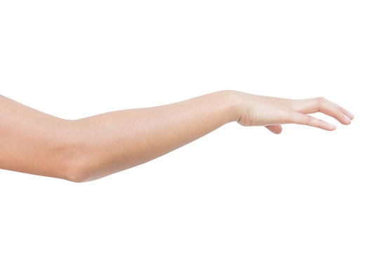 right hand of a woman trying to reach or grab something. Reaching out to the left. isolated on white background