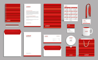 Business stationery set template, corporate identity design mock-up with red horizontal striped background