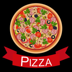 Pizza with banner on black background