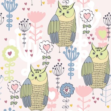 Vector seamless pattern with owls and flowers.