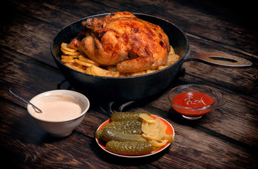 Whole roast chicken with potatoes in a rustic and snack on wooden table