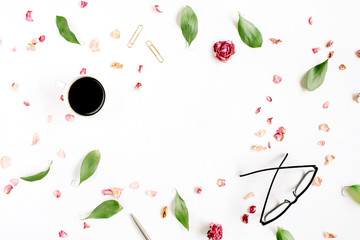 Floral frame. Red rose bud, glasses, leaves, coffee on white background. Entrepreneur or beauty blogger home office table desk workspace. Flat lay, top view