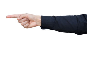 Closeup of businessman pointing. Male hand indicating a direction. Businessman pointing towards. businessman hand forefinger pointing something. Concept Business / Command / Power / Leader