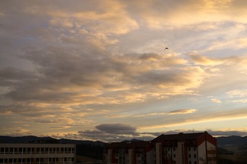 Fototapeta na wymiar Sunset and sunrise with dramatic colorful clouds. Slovakia