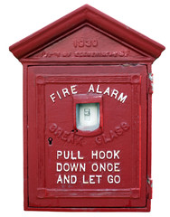 Vintage red San Francisco fire alarm box. Isolated.