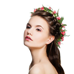 Spa Model Woman with Healthy Skin and Flowers Isolated on White Background