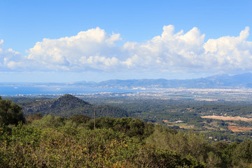 Palma de Majorca panorama, Serra de Tramuntana mountains and Mediterranean Sea, Spain