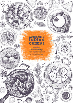 Indian cuisine top view frame. Indian food menu design. Vintage hand drawn sketch vector illustration.